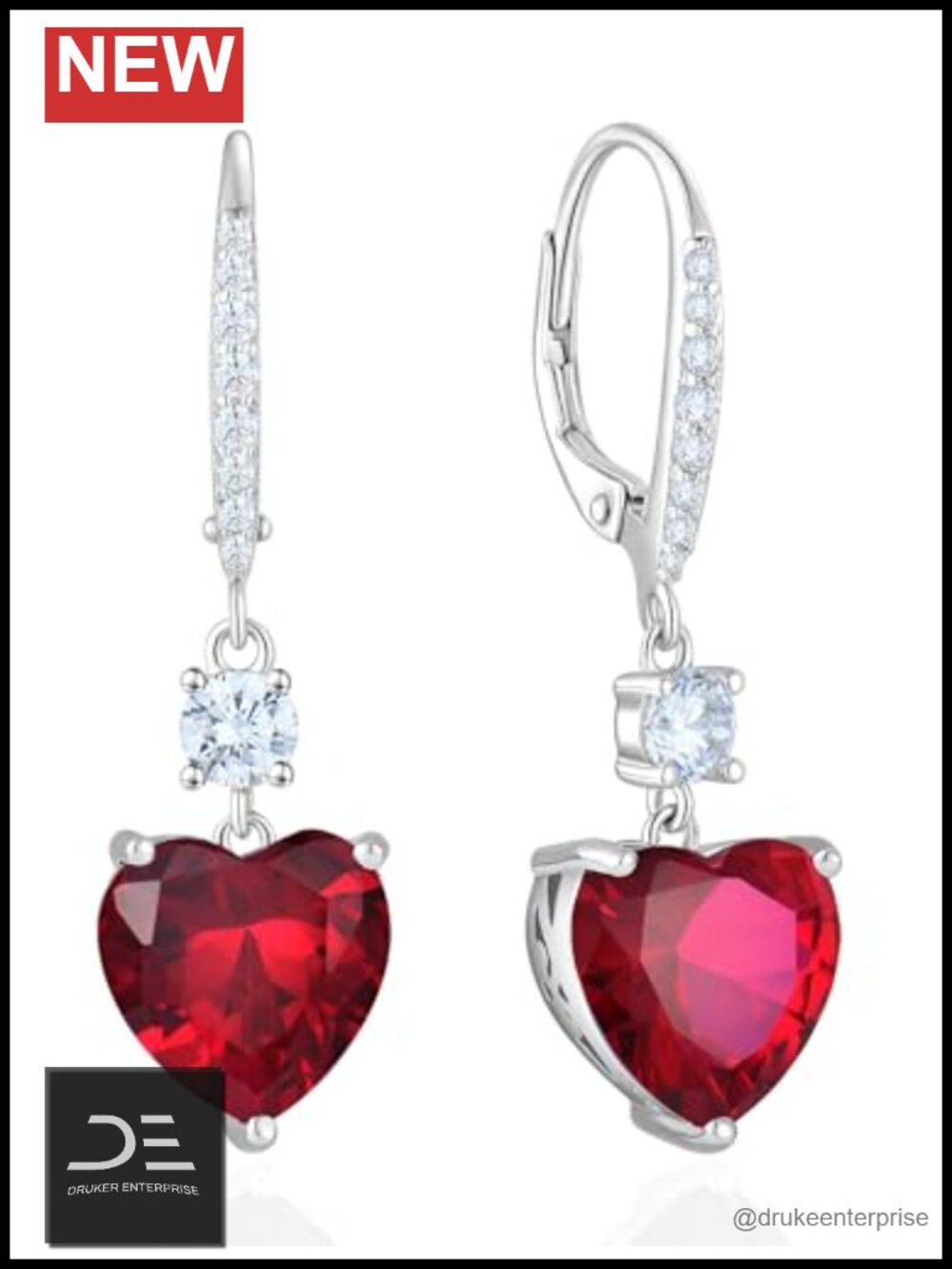 Sterling Silver Dangle Heart Earrings Created Ruby CZ